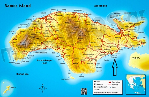 Samosmap2013 Samos ligt in de Egeïsche Zee, vlak voor de westkust van Turkije.